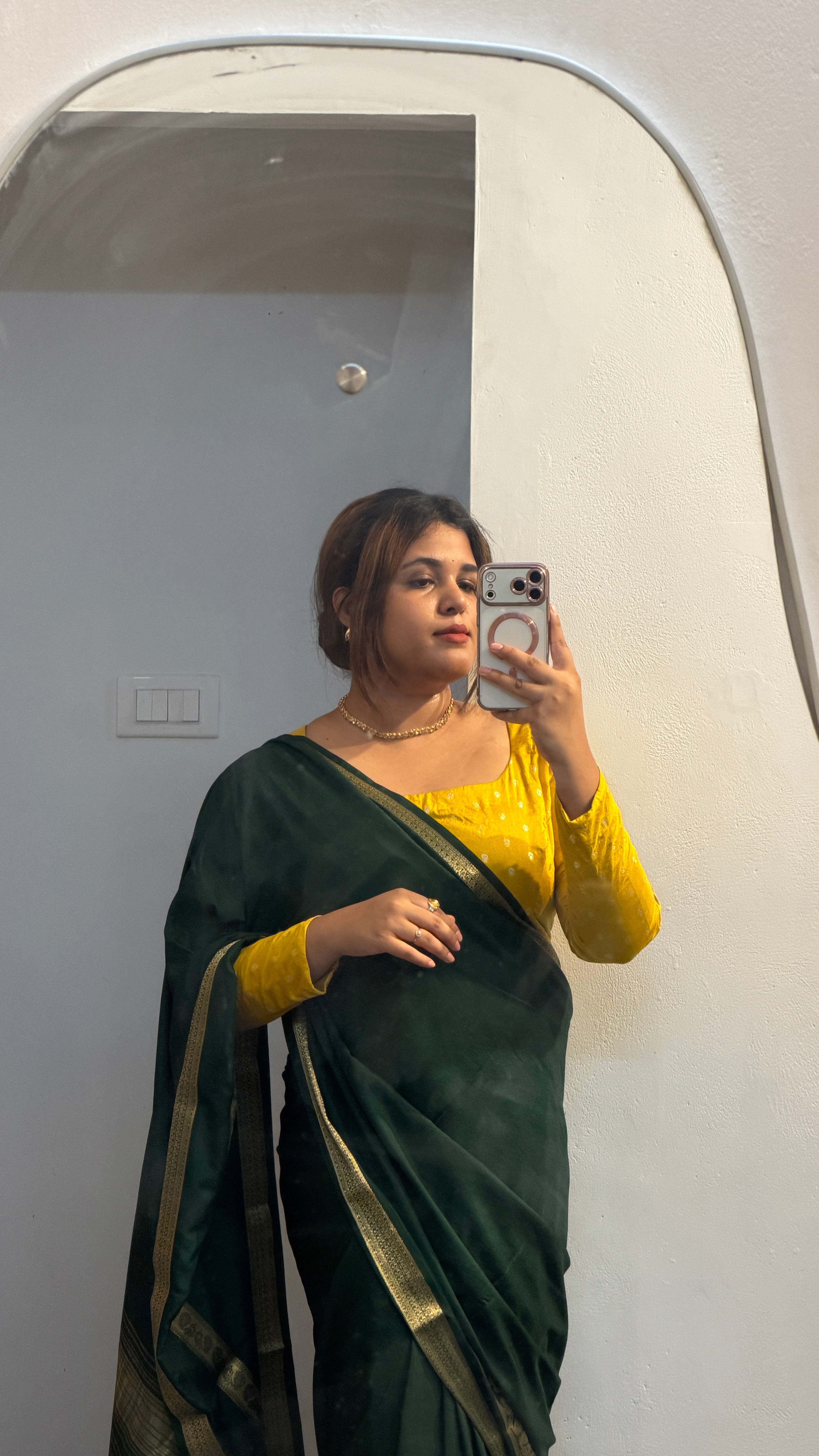 Premium green Crepe Silk Saree with Wide Zari Border &amp; Designer Pallu
