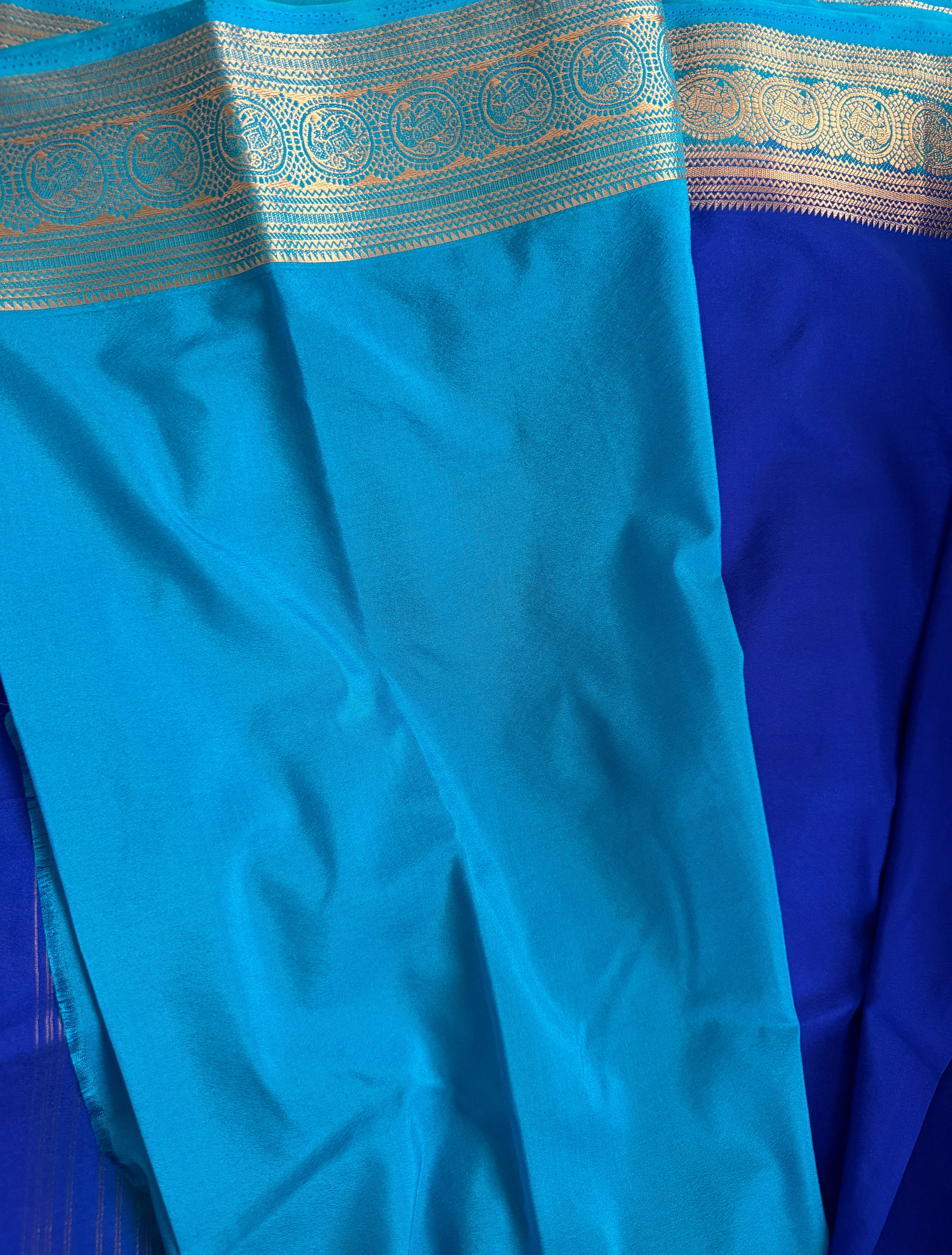 Royal Blue premium crepe Silk Saree with Sky Blue Contrast Border & Pallu