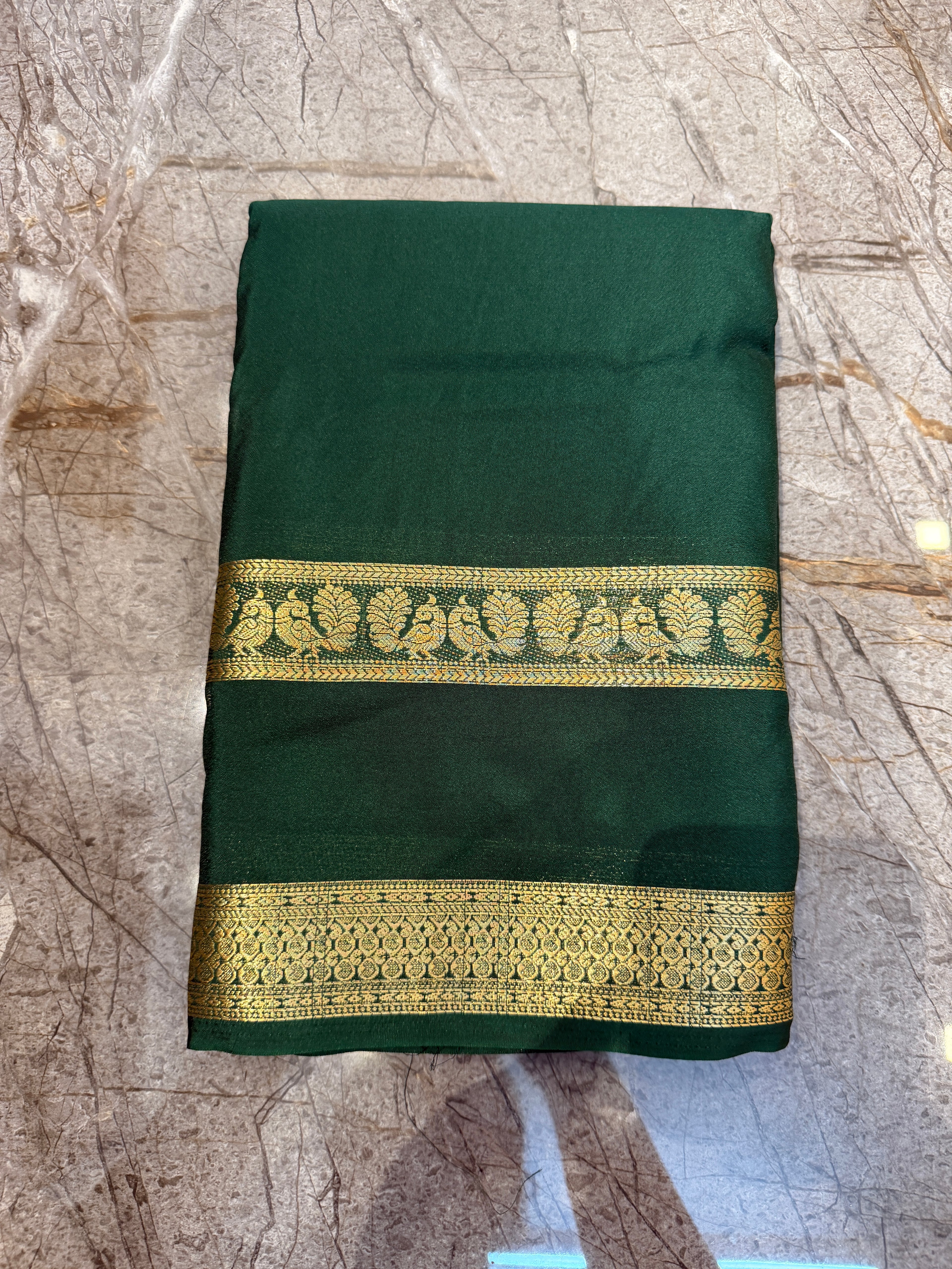 Premium green Crepe Silk Saree with Wide Zari Border &amp; Designer Pallu