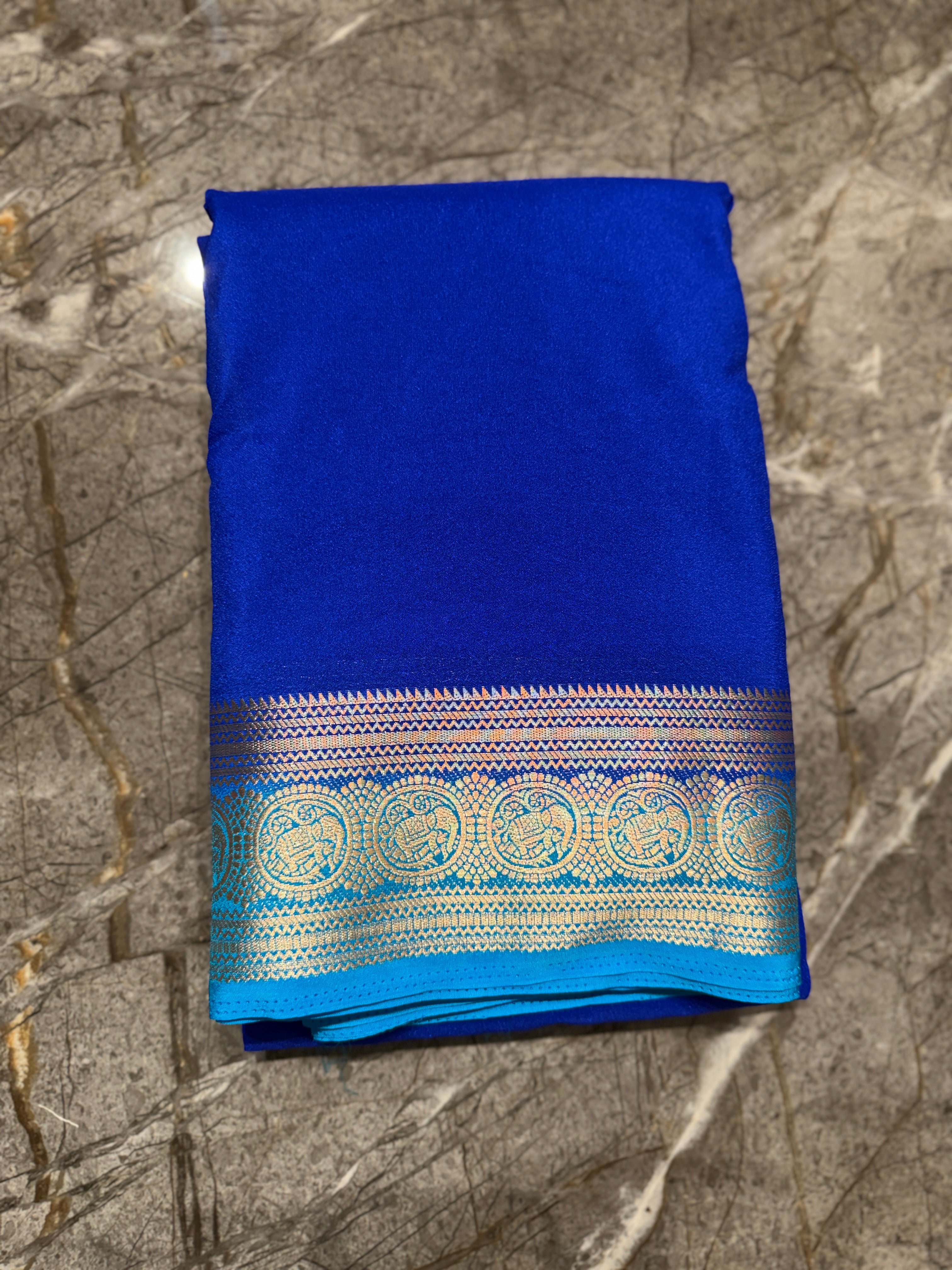 Royal Blue premium crepe Silk Saree with Sky Blue Contrast Border & Pallu