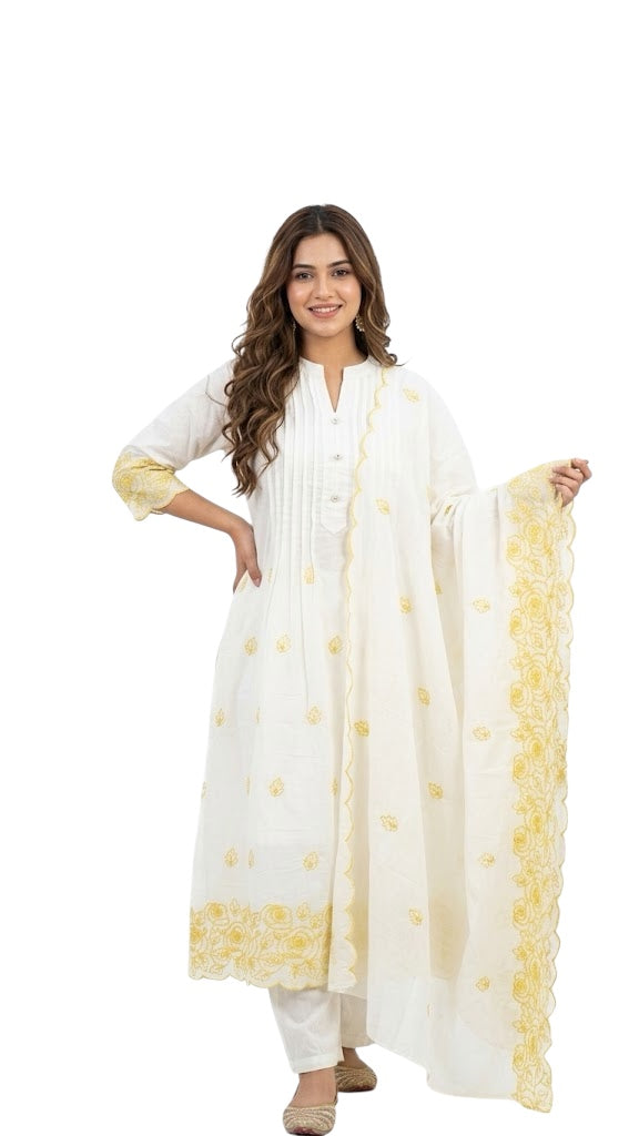 Elegant 3-Piece Mul Cotton Embroidered Set – Off White