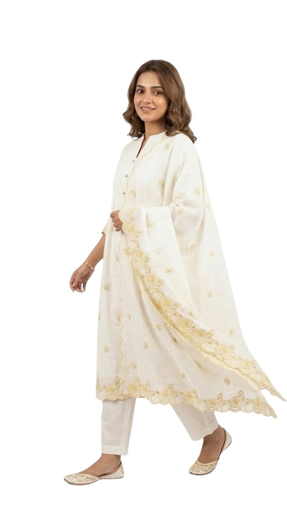 Elegant 3-Piece Mul Cotton Embroidered Set – Off White