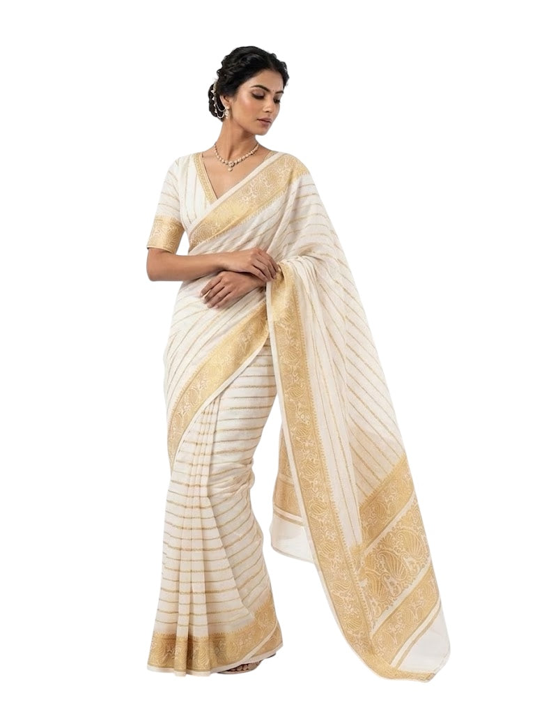 Elegant White Georgette Saree with Gold Border & All-Over Stripes