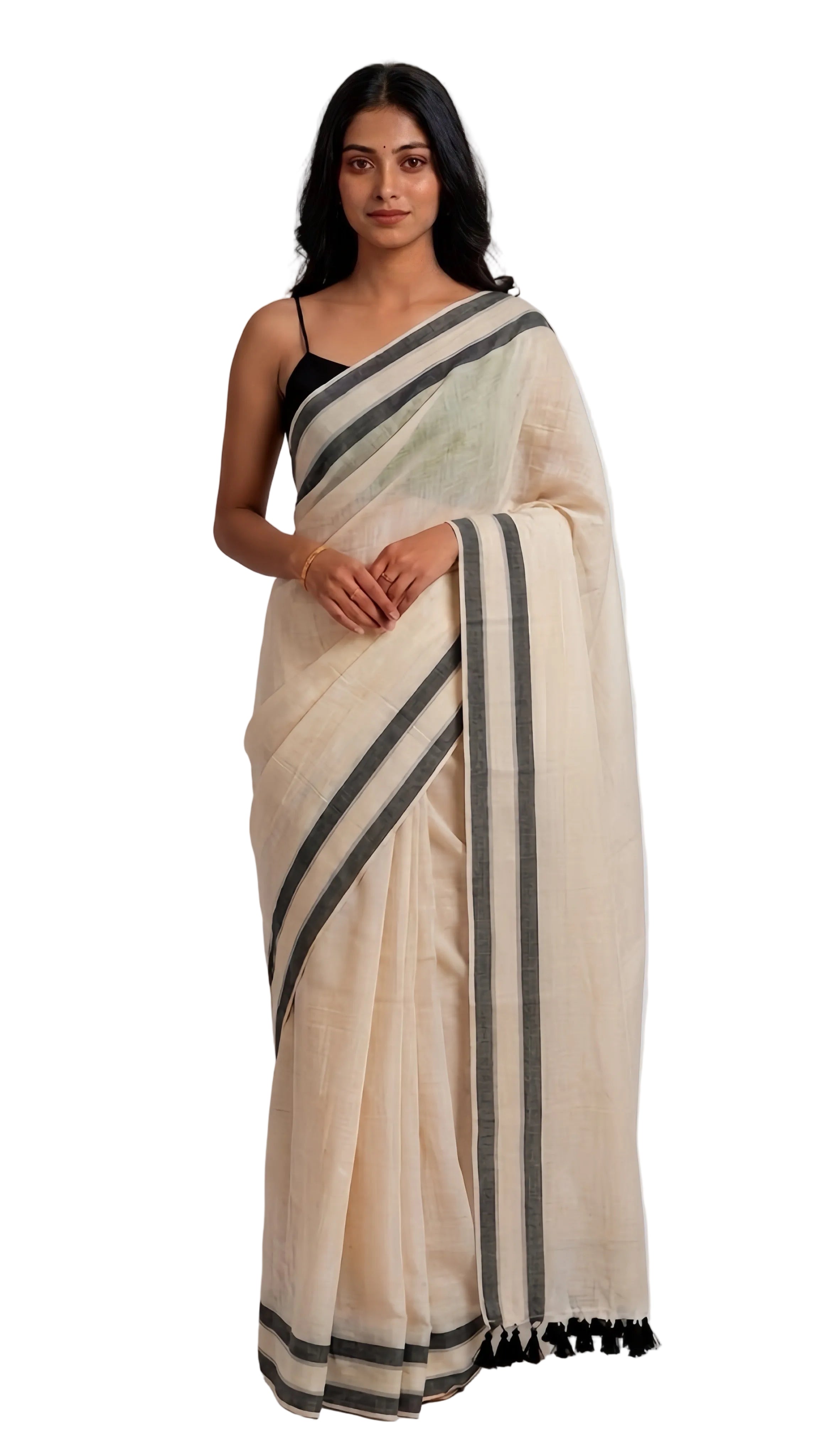 Elegant Off-White Mul Cotton Saree with Black Border (No Blouse Piece) | Available in Red Border Variant